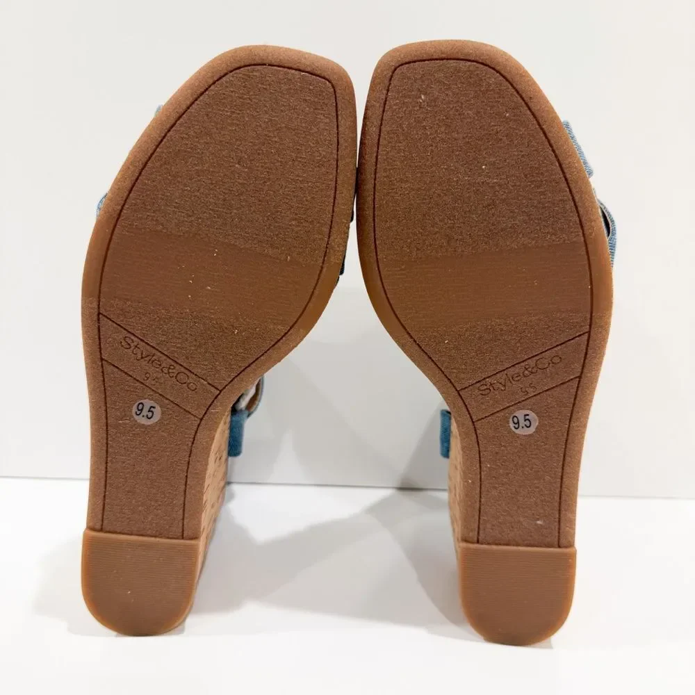 Style & Co Cerres Espadrille Wedge Sandals Denim Cork Buckle Strap Blue 9.5 NEW
